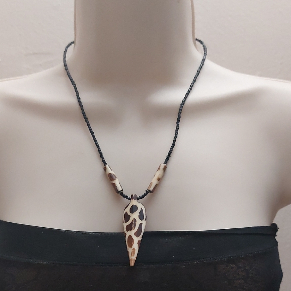 Vintage Native Tribal African Batik Bone With Black Beads Statement Necklace
